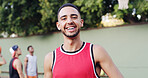 Portrait, happy and man on basketball court for fitness game, exercise and match practice. Smile, male person and confident for sports training, endurance workout and skill development for tournament