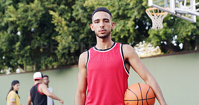 Buy stock photo Portrait, serious and man on basketball court for fitness game, exercise and match practice. Athlete, male person and sports training with ball, endurance workout and skill development for tournament