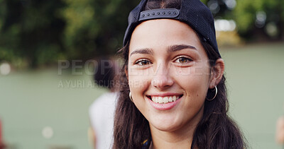 Buy stock photo Outdoor, portrait or woman with smile for basketball game, team loyalty or watch competition on weekend. Summer championship, sports fan or happy person by court with bokeh, space or supporter