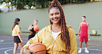 Portrait, woman and smile with basketball for fitness game, exercise and match practice. Athlete, female person or confident for sports training, positive attitude and skill development for challenge