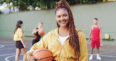 Buy stock photo Portrait, woman and smile with basketball for fitness game, exercise and match practice. Athlete, person or confident for ball sports training, positive attitude and skill development for challenge