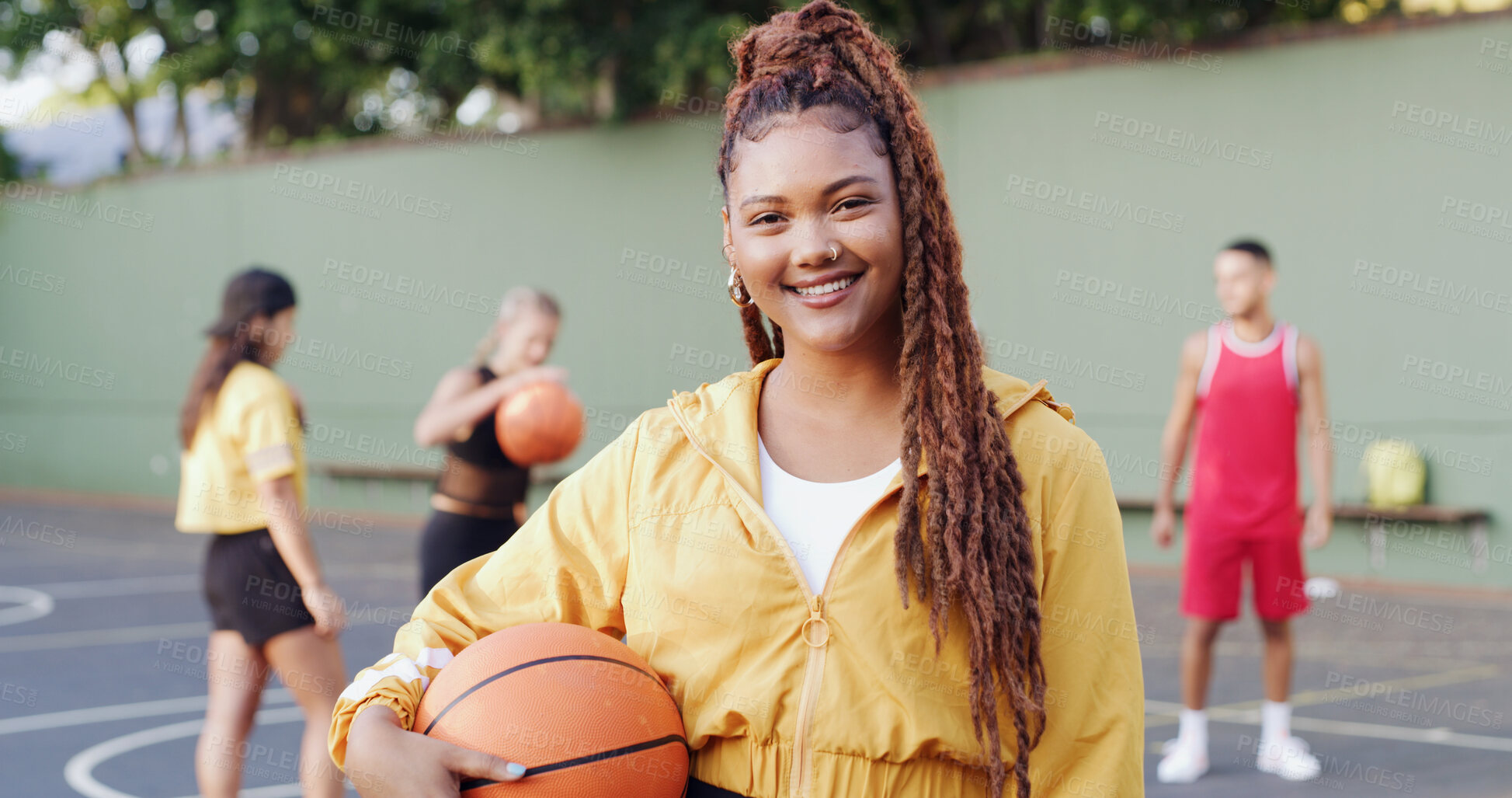 Buy stock photo Portrait, woman and smile with basketball for fitness game, exercise and match practice. Athlete, person or confident for ball sports training, positive attitude and skill development for challenge