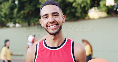 Buy stock photo Portrait, man and smile with basketball for fitness game, exercise and match practice. Athlete, male person and sports training with confidence, positive attitude and skill development for tournament