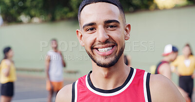 Buy stock photo Portrait, athlete and man on basketball court for fitness game, exercise and match practice. Happy, male person or confident for sports training, positive attitude and skill development for challenge