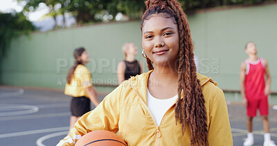 Buy stock photo Portrait, happy and woman with basketball for fitness game, exercise and match practice. Athlete, female person or confident for sports training, positive attitude and skill development for challenge