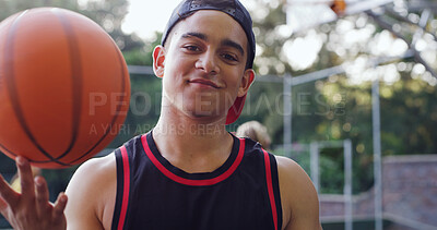 Buy stock photo Portrait, man and smile with basketball on court for fitness, exercise and match practice. Happy, male person and confident for sports training, positive attitude and skill development for tournament