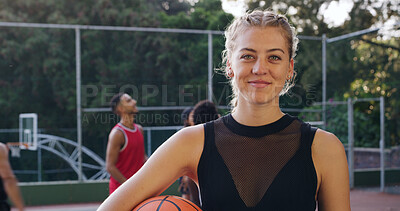 Buy stock photo Portrait, athlete and woman with basketball for fitness game, exercise and match practice. Smile, female person or confident for sports training, positive attitude and skill development for challenge