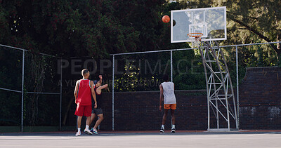 Buy stock photo Men, fitness and shooting on basketball court with practice, hit backboard and training for tournament. People, play sport and game outdoor with hoop, target fail and exercise together for contest.