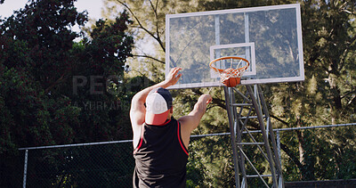Buy stock photo Man, back view and playing with basketball for score, game point or outdoor match on court. Active, male person or aim with shot or technique for sport, fitness or physical activity on pitch