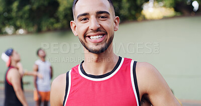 Buy stock photo Portrait, man and smile on basketball court for fitness game, exercise and match practice. Happy, male person and confident for sports training, endurance workout and skill development for tournament