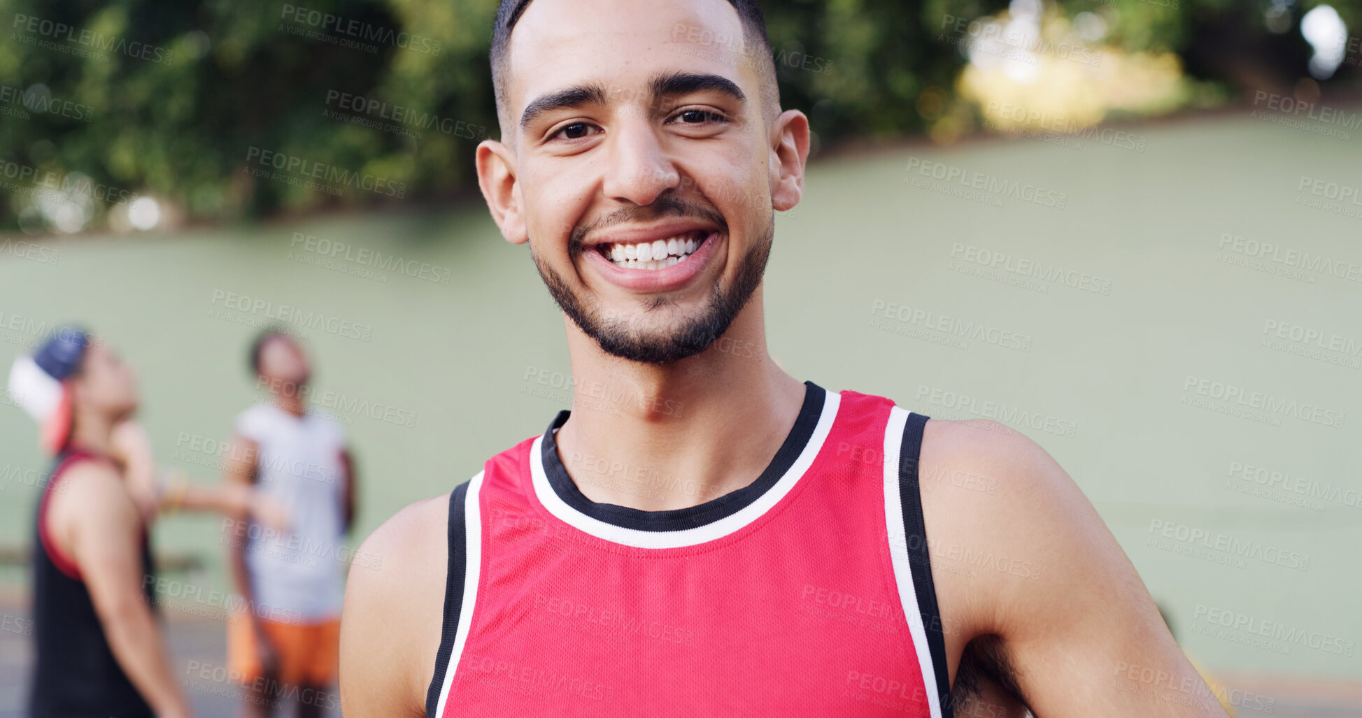 Buy stock photo Portrait, man and smile on basketball court for fitness game, exercise and match practice. Happy, male person and confident for sports training, endurance workout and skill development for tournament