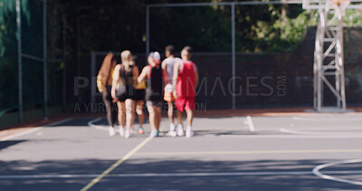 Buy stock photo Back, team and outdoor on basketball court with practice, start workout or training for competition. Blur, people and begin exercise with sports fitness, getting match ready or prepare for tournament