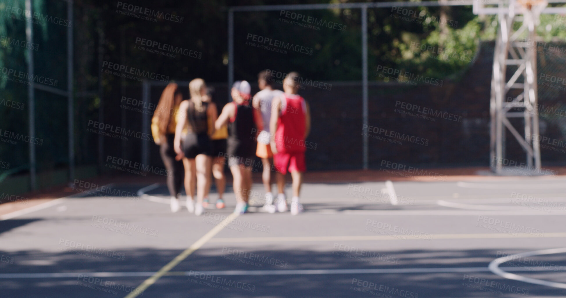Buy stock photo Back, team and outdoor on basketball court with practice, start workout or training for competition. Blur, people and begin exercise with sports fitness, getting match ready or prepare for tournament