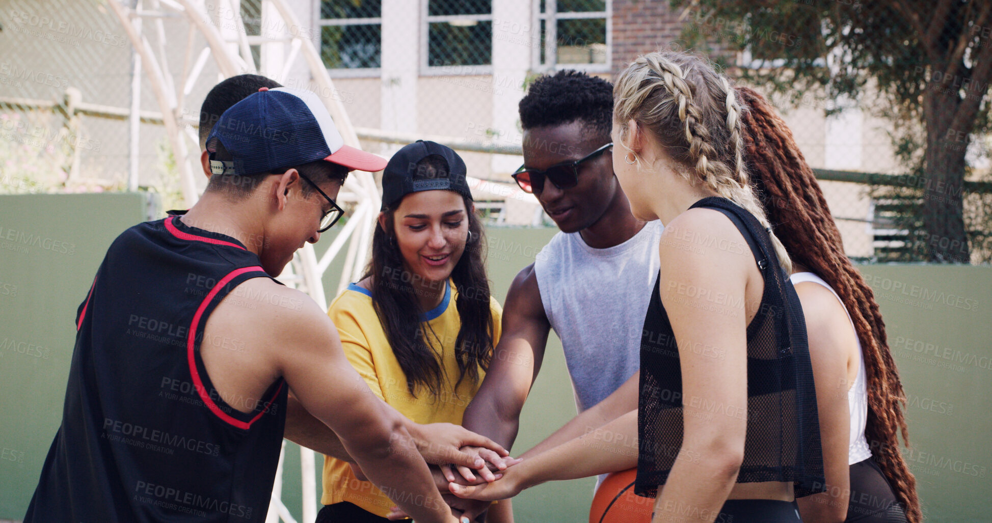 Buy stock photo Group, huddle or people with motivation on basketball court for collaboration, tactics or support. Training game, teamwork or outdoor athletes for solidarity, fitness or workout in sports match