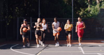 Buy stock photo Team, workout or running on basketball court with training, cardio activity or practice for competition. Blur, people and outdoor with sports fitness, getting match ready and exercise for tournament.