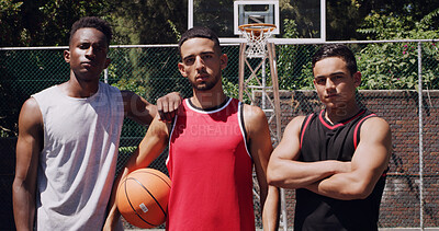 Buy stock photo Confidence, portrait or men on basketball court with ball, fitness hobby or teamwork in weekend match. Pride, collaboration or players with roundball, hoop competition or training support in New York