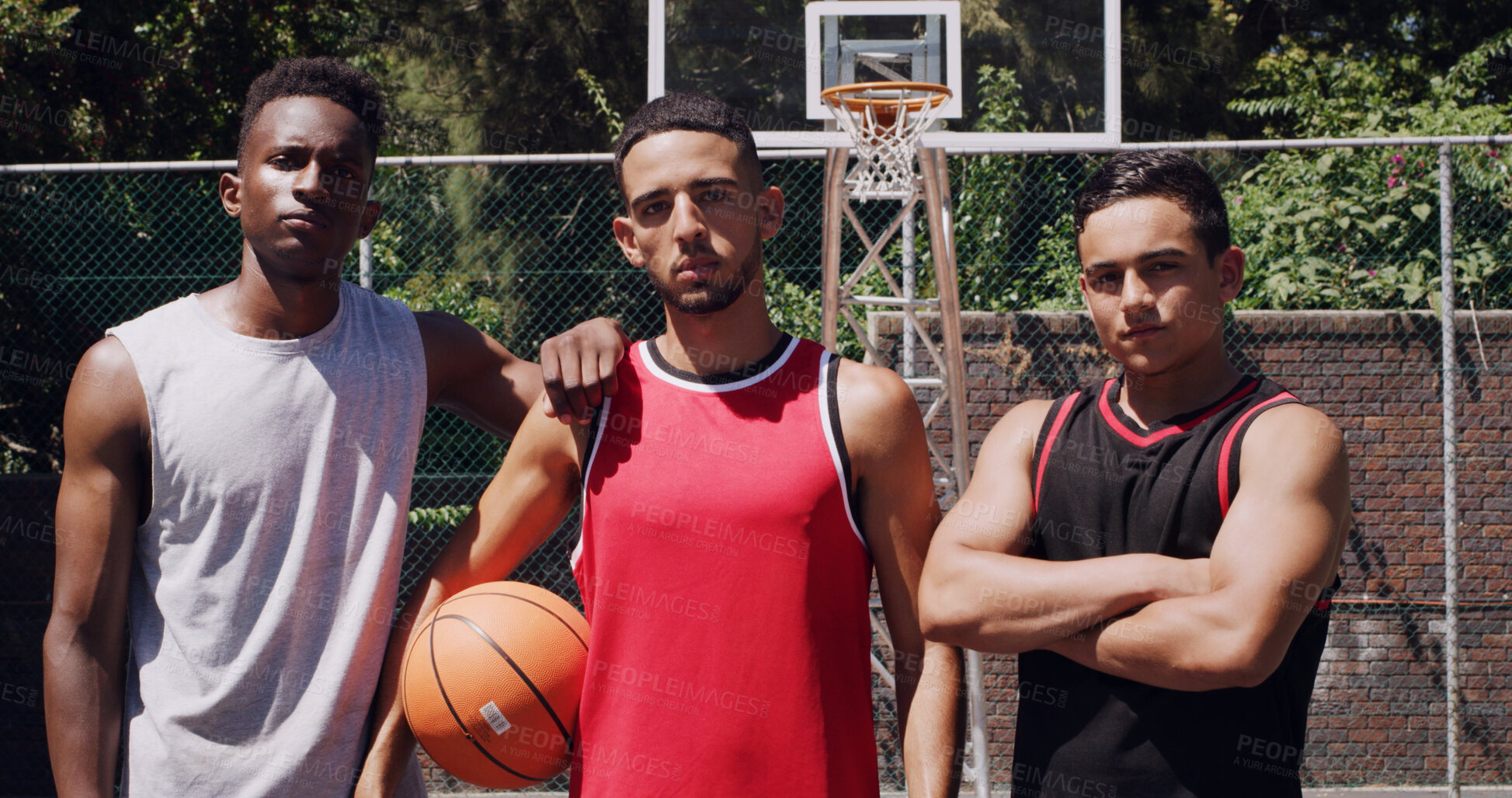 Buy stock photo Confidence, portrait or men on basketball court with ball, fitness hobby or teamwork in weekend match. Pride, collaboration or players with roundball, hoop competition or training support in New York