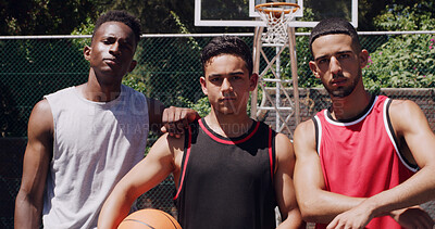 Buy stock photo Confidence, portrait or people on basketball court with ball, fitness hobby or teamwork in weekend match. Pride, collaboration or men with roundball, hoop competition or training support in New York