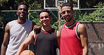 Smile, portrait or men on basketball court with confidence, fitness hobby or teamwork for weekend match. Happy, collaboration or people with pride, hoop competition or training support in New York.