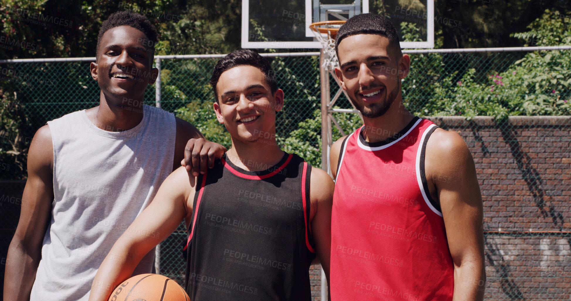 Buy stock photo Smile, portrait or men on basketball court with confidence, fitness hobby or teamwork for weekend match. Happy, collaboration or people with pride, hoop competition or training support in New York.