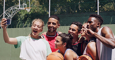 Buy stock photo Basketball, memories and selfie with people outdoor together for exercise or fitness activity. Peace sign, profile picture and social media with group of friends on court for bonding or post update