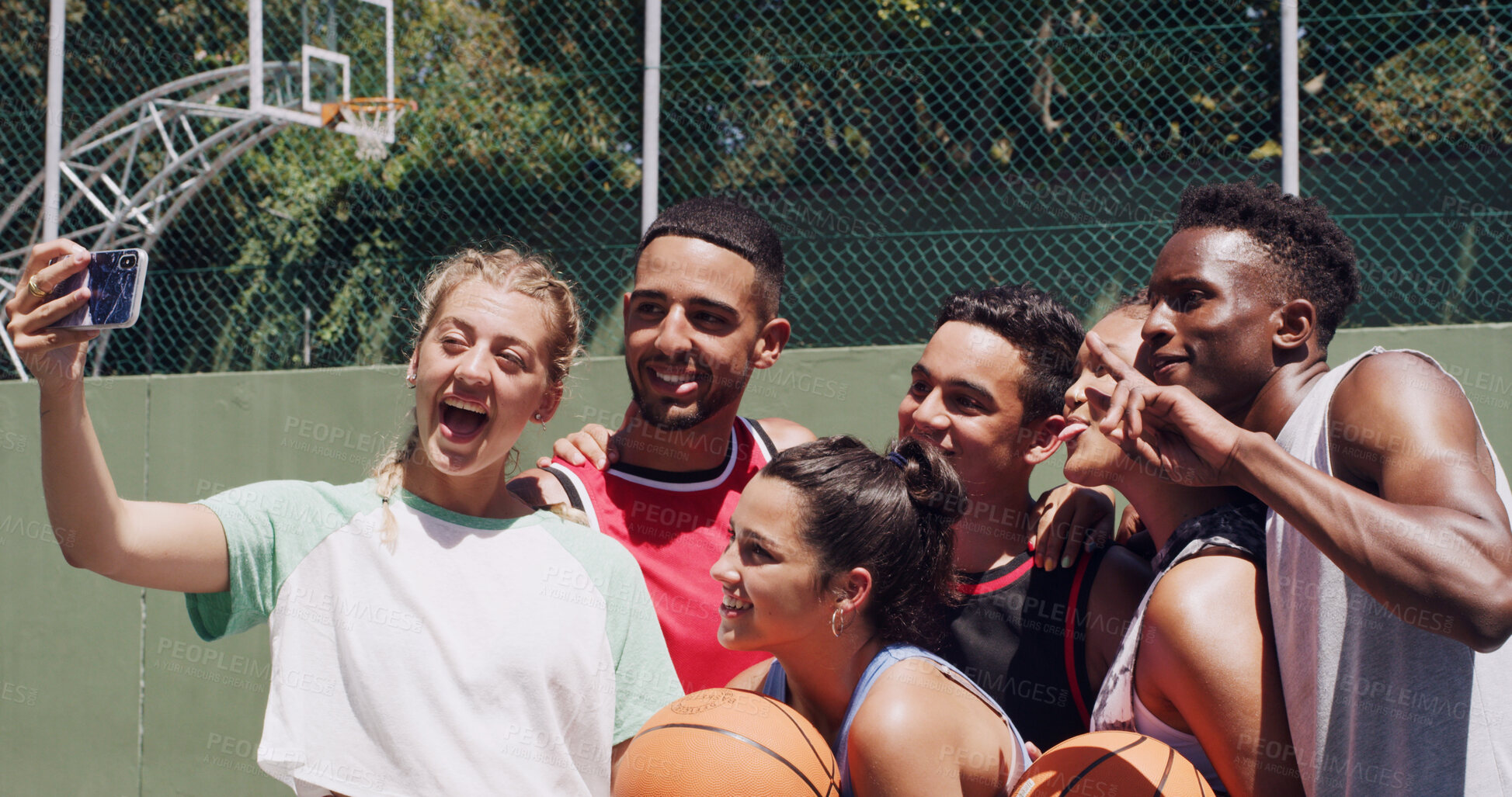 Buy stock photo Basketball, memories and selfie with people outdoor together for exercise or fitness activity. Peace sign, profile picture and social media with group of friends on court for bonding or post update