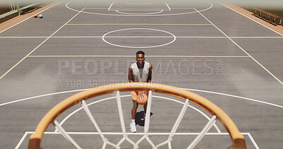 Buy stock photo Aim, basketball and skill with black man outdoor for game, practice or shooting technique. Above, hoop and net with athlete person on sports court for effort, match training or scoring attempt