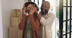 Surprise, couple or cover eyes in new home, property or investment commitment for real estate purchase. Smile, homeowner or mature African people with residence reveal for bonding, excited or moving