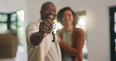 Buy stock photo Keys, hand and mature couple in new home with bonding, happiness and love in marriage. Hug, smile and man with woman for relationship with property investment together for moving at real estate.