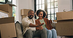 Moving, relax or couple on couch in new home, property or investment commitment for real estate purchase. Chat, homeowner or mature African people with bonding in residence, smile or unpacking break