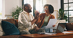 Happy couple, high five and document in home with laptop, bills or payment success for mortgage loan. Mature black people, marriage and celebration with computer, paperwork and savings for insurance.