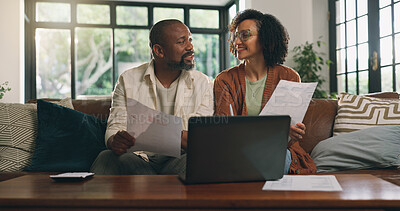 Buy stock photo Talking, paperwork or happy couple with laptop on sofa, budget planning or track expenses for savings. Speaking, income statement or mature African people with bills for mortgage payment, pc or home