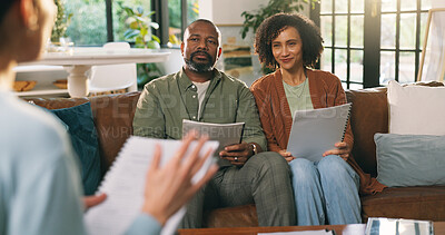Buy stock photo Mature couple, agent and document at house for consultation of mortgage application. Realtor, talking and people with home loan form, property purchase and real estate advisory for finance assessment
