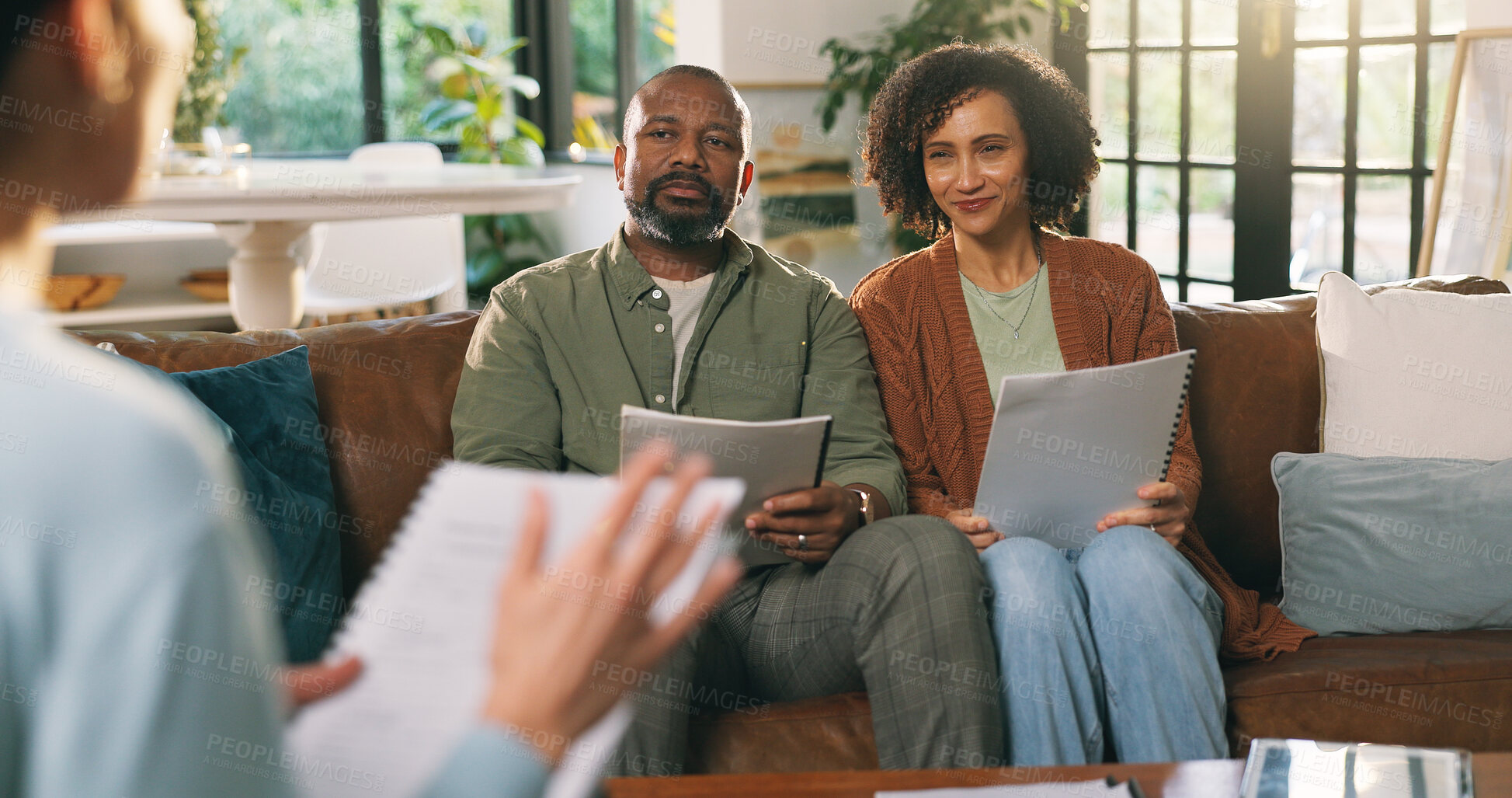 Buy stock photo Mature couple, agent and document at house for consultation of mortgage application. Realtor, talking and people with home loan form, property purchase and real estate advisory for finance assessment