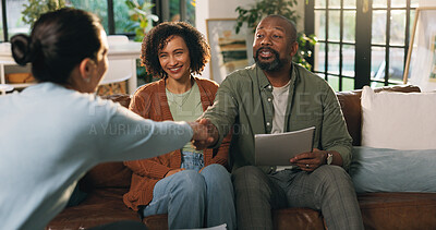 Buy stock photo Documents, handshake or meeting with couple and financial advisor in home living room for agreement. Consulting, thank you or welcome and mature people shaking hands with finance broker for deal