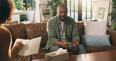 Buy stock photo Man, psychologist and consultation for mental health, therapy or notebook for support in office. Client, counseling and mature person with depression, talk and writing info for anxiety assessment