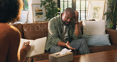 Buy stock photo Man, psychologist and consultation for mental health, stress or notebook for help in therapy office. Client, counseling and mature person with depression, talk and writing info for anxiety assessment