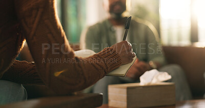 Buy stock photo Mental health, therapy or hands on couch with notes, patient track or counseling evaluation in office. Consultation, people or psychologist with writing, checklist or support in clinic session.