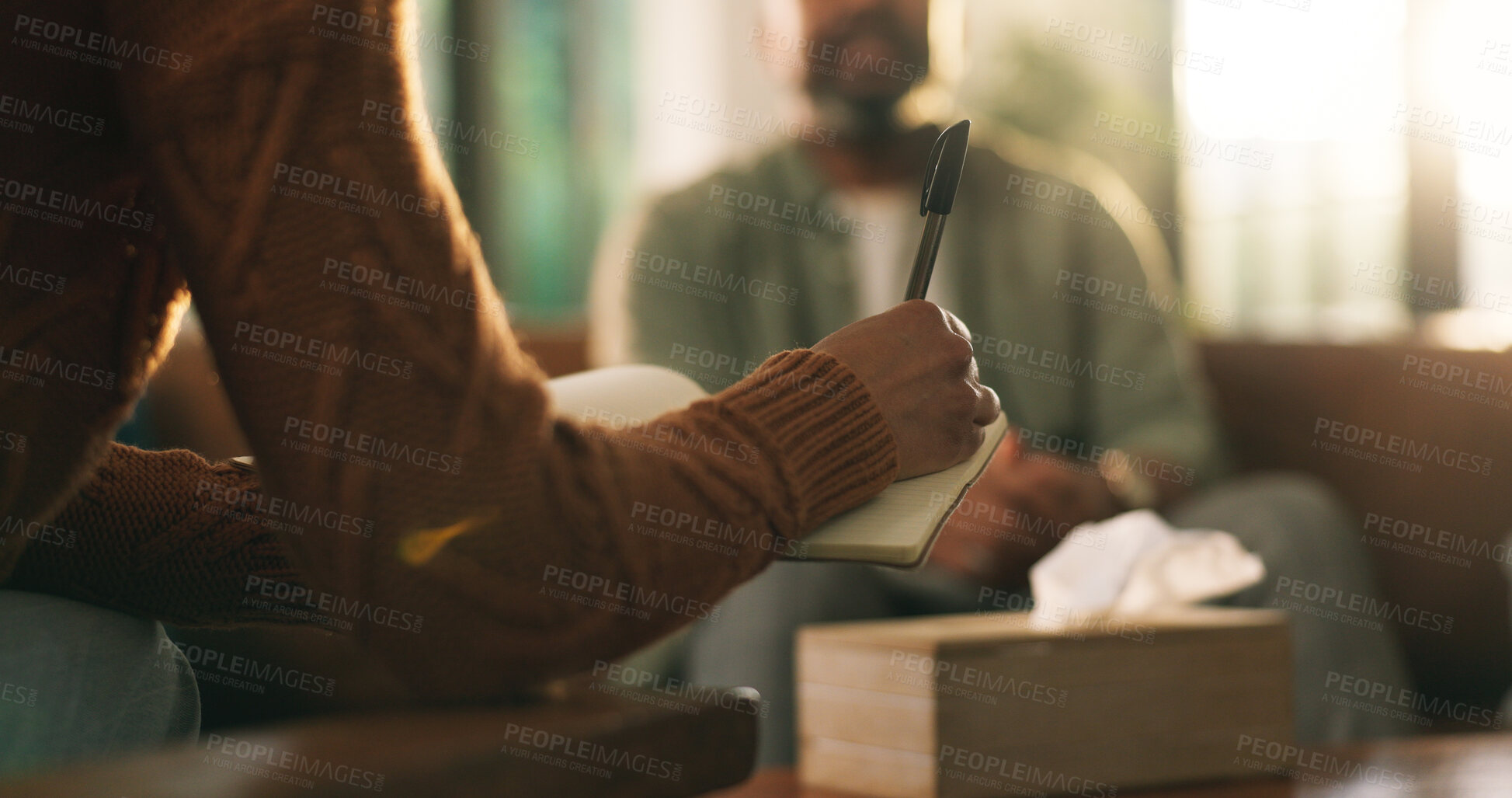 Buy stock photo Mental health, therapy or hands on couch with notes, patient track or counseling evaluation in office. Consultation, people or psychologist with writing, checklist or support in clinic session.