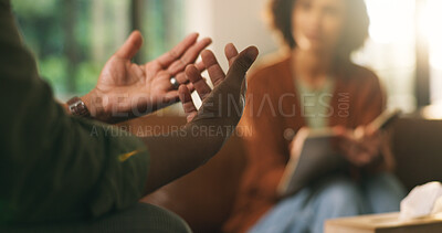 Buy stock photo Hands, psychologist and consultation for mental health, therapy or notebook for support in office. Client, counseling and person with depression, psychiatry and notes to help with anxiety assessment