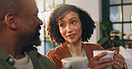 Happy couple, relax or talking with coffee on sofa for morning, holiday or weekend together in home. Man, woman or conversation with caffeine drink, mug or beverage for comfort or bonding in house