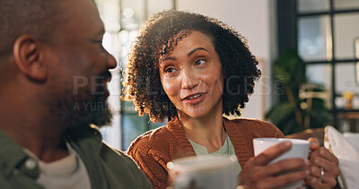 Buy stock photo Happy couple, relax or talking with coffee on sofa for morning, holiday or weekend together in home. Man, woman or conversation with caffeine drink, mug or beverage for comfort or bonding in house