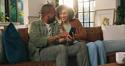 Buy stock photo House, conversation and couple on sofa, smartphone for social media and relax in living room. Apartment, man and woman on couch, cellphone and message to contact, internet and email notification
