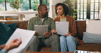 Buy stock photo Mature couple, realtor and document at house for consultation of mortgage application. Agent, talking and people with home loan form, property purchase and real estate advisory for finance assessment