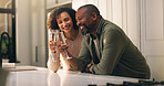 Home, toast and couple in kitchen, champagne for celebration and smile for anniversary. Mature people, apartment and man with woman, romance and alcohol for cheers, happiness and love with wine