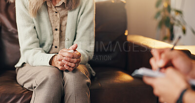 Buy stock photo Anxiety, patient and hands in therapist office, mental health support and assessment for counselling. Psychologist, consultation or person nervous for evaluation, talking and diagnosis notes for help