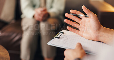 Buy stock photo Therapist, patient or hands with notes in office, mental health support or assessment for counseling. Psychology, consultation or person with advice for client, explain coping mechanism or clipboard
