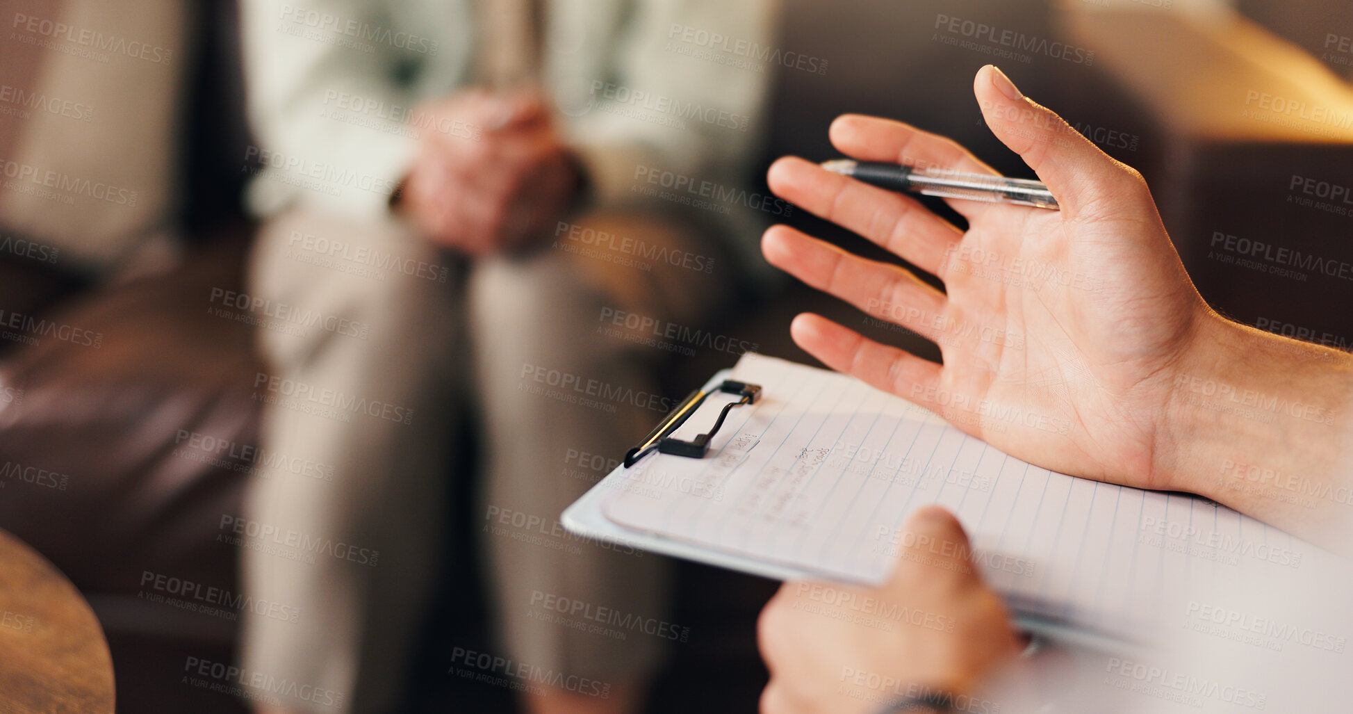 Buy stock photo Therapist, patient or hands with notes in office, mental health support or assessment for counseling. Psychology, consultation or person with advice for client, explain coping mechanism or clipboard