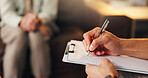 Therapist, patient or hands with paper in office, mental health help or evaluation notes for counseling. Psychology, consultation or person writing for client assessment, behavior patterns or listen