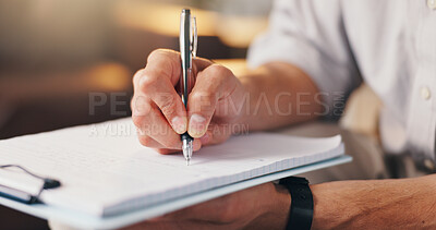 Buy stock photo Therapist, man and hands with clipboard for writing, patient info and psychology exam in office. Psychologist, person and notes in therapy for client assessment, counseling appointment or evaluation.